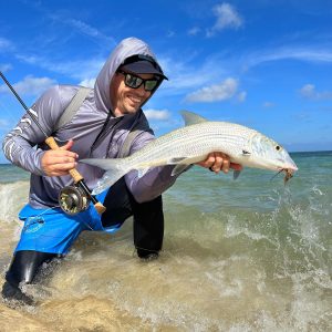 DIY fly fishing wading a low-tide flat in Grand Cayman, Cayman Islands
