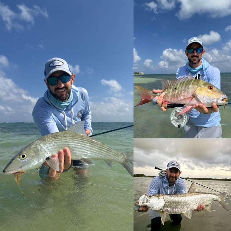 DIY fly fisherman in Grand Cayman holding bonefish, mutton snapper, and tarpon caught on the flats