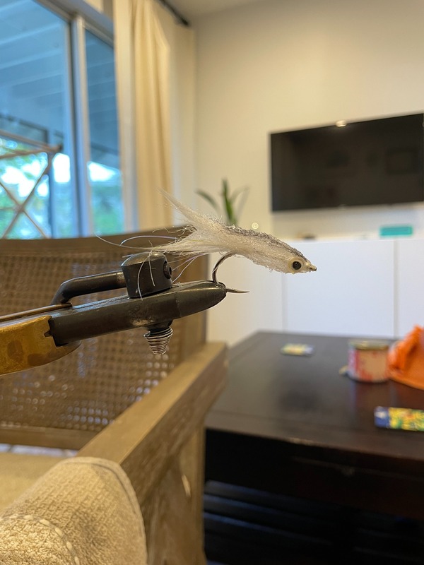 White baitfish imitation fly with synthetic fiber and 3D eyes tied for DIY inshore fishing - the best fly for tarpon, jacks and snook in Grand Cayman, Cayman Islands